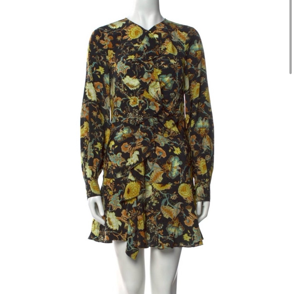 Ulla Johnson Long-Sleeve Floral A-Line Dress in Black and Yellow